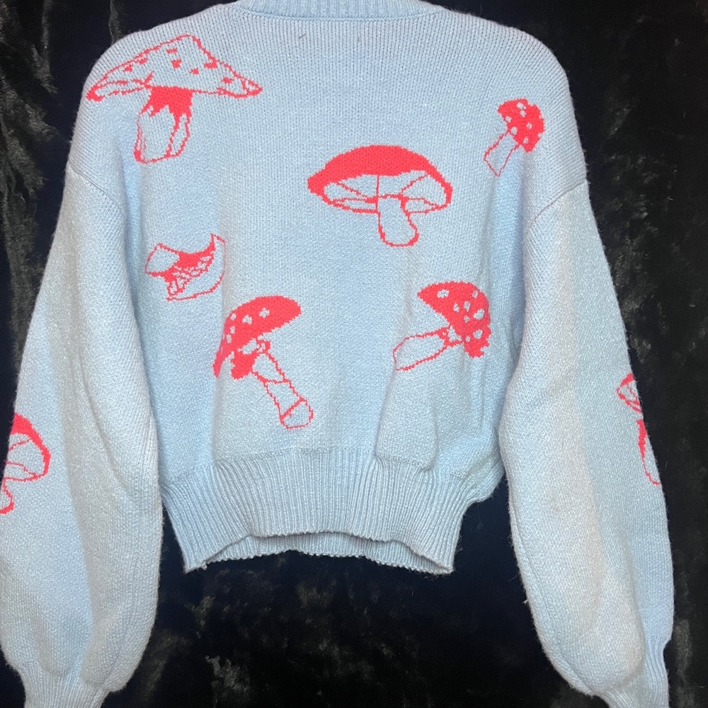 Blue and pink cropped mushroom sweater